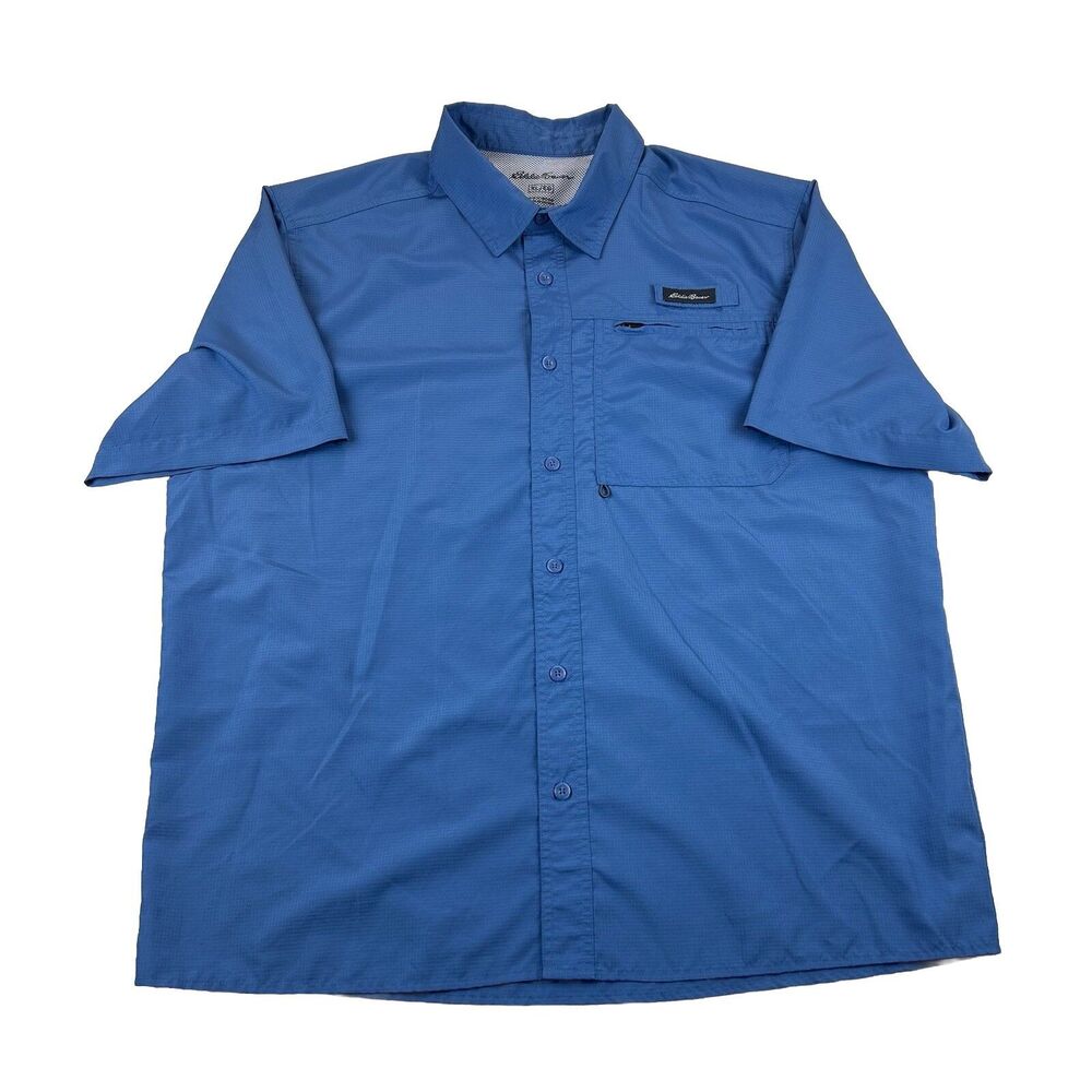 Eddie Bauer Ripstop Vented Zip Pocket Button Up Shirt Mens XL Blue Hike Fish